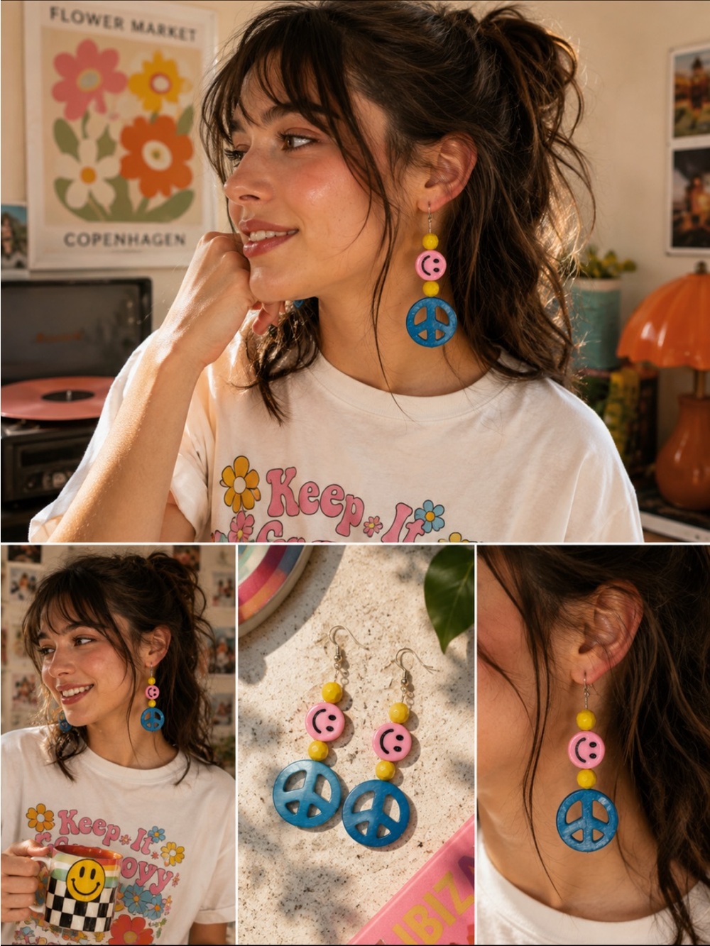 Fun Y2K Chunky Smiley Face + Peace Sign Dangles | Handmade Statement Earrings 🤩